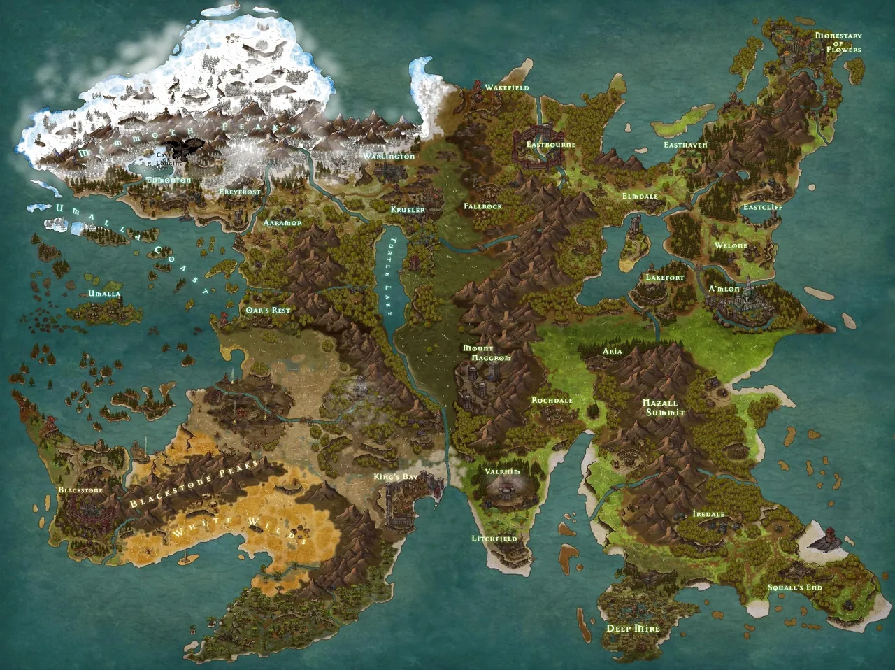 Realm map featuring regions like Blackstone Peaks, Nazall Summit, and Lakefort.